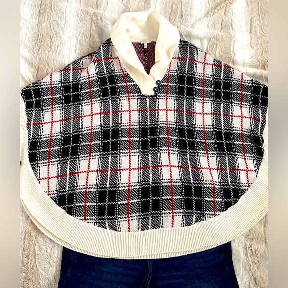 Talbots pancho sweater. Cream black and red plaid. Great condition. Womens s/m - Picture 2 of 5